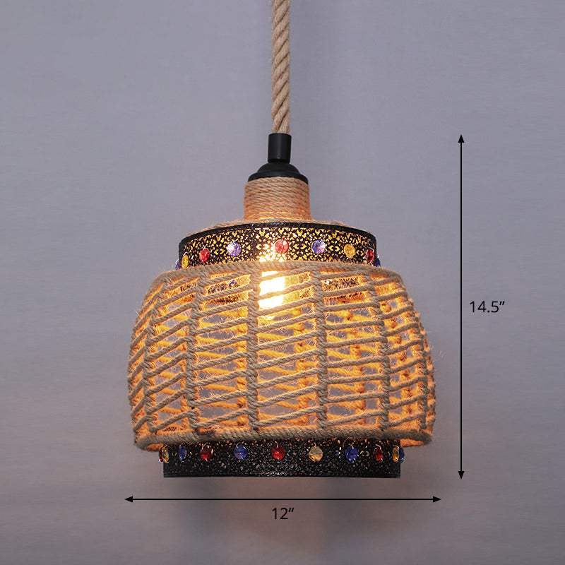 Single Cage Shade Pendulum Light Country Style Wood Rope Suspension Light for Restaurant