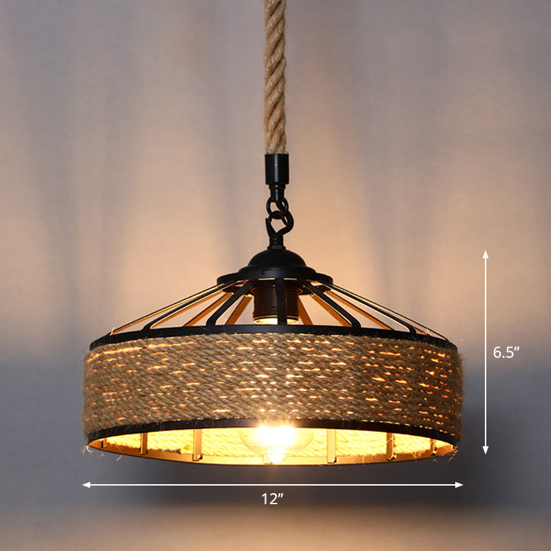 Single Cage Shade Pendulum Light Country Style Wood Rope Suspension Light for Restaurant