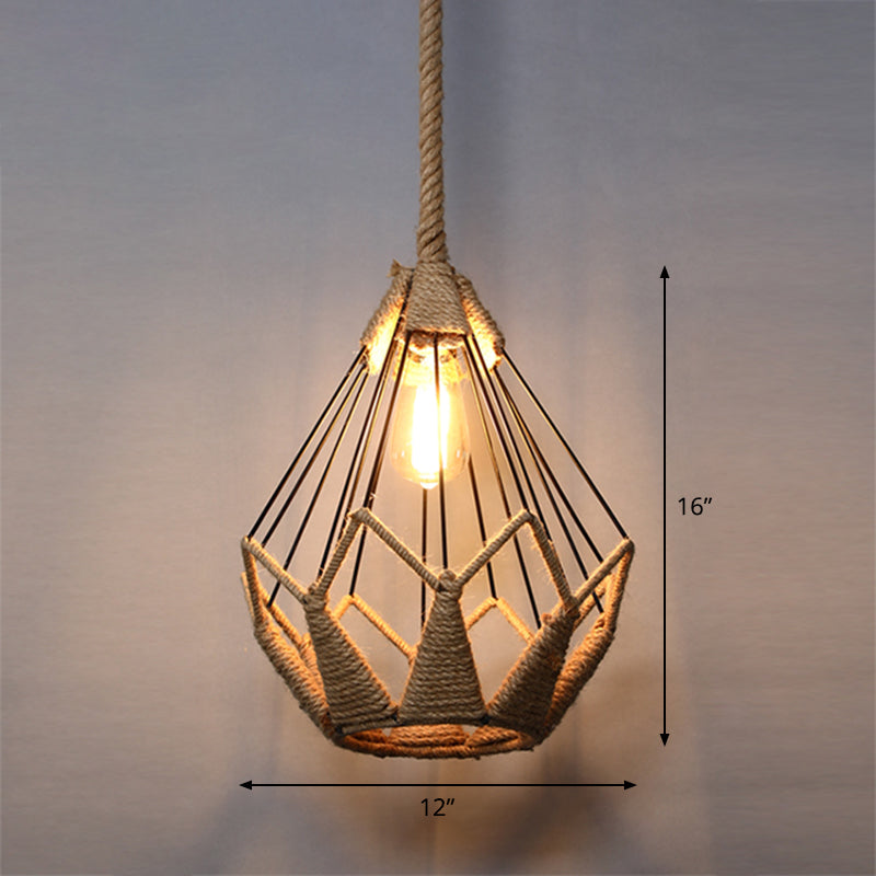 Single Cage Shade Pendulum Light Country Style Wood Rope Suspension Light for Restaurant