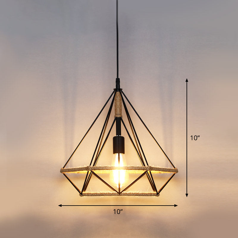 Single Cage Shade Pendulum Light Country Style Wood Rope Suspension Light for Restaurant