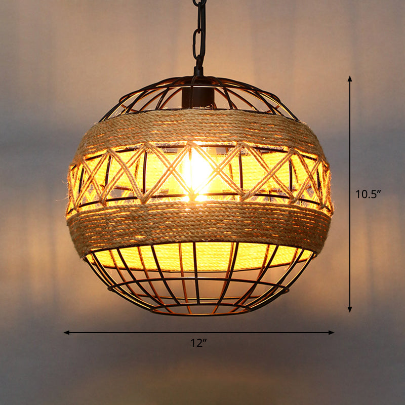 Single Cage Shade Pendulum Light Country Style Wood Rope Suspension Light for Restaurant