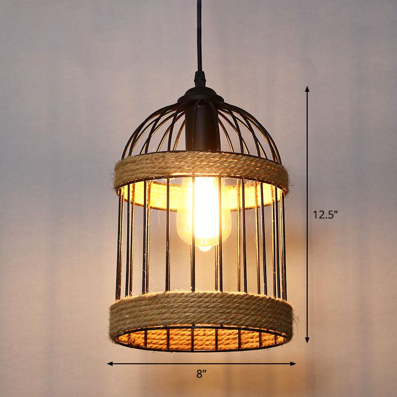 Single Cage Shade Pendulum Light Country Style Wood Rope Suspension Light for Restaurant