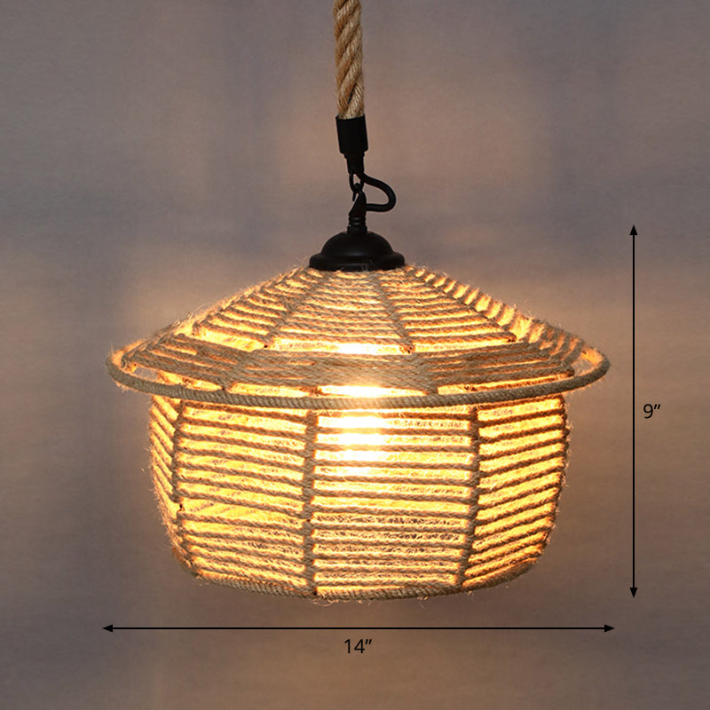 Single Cage Shade Pendulum Light Country Style Wood Rope Suspension Light for Restaurant
