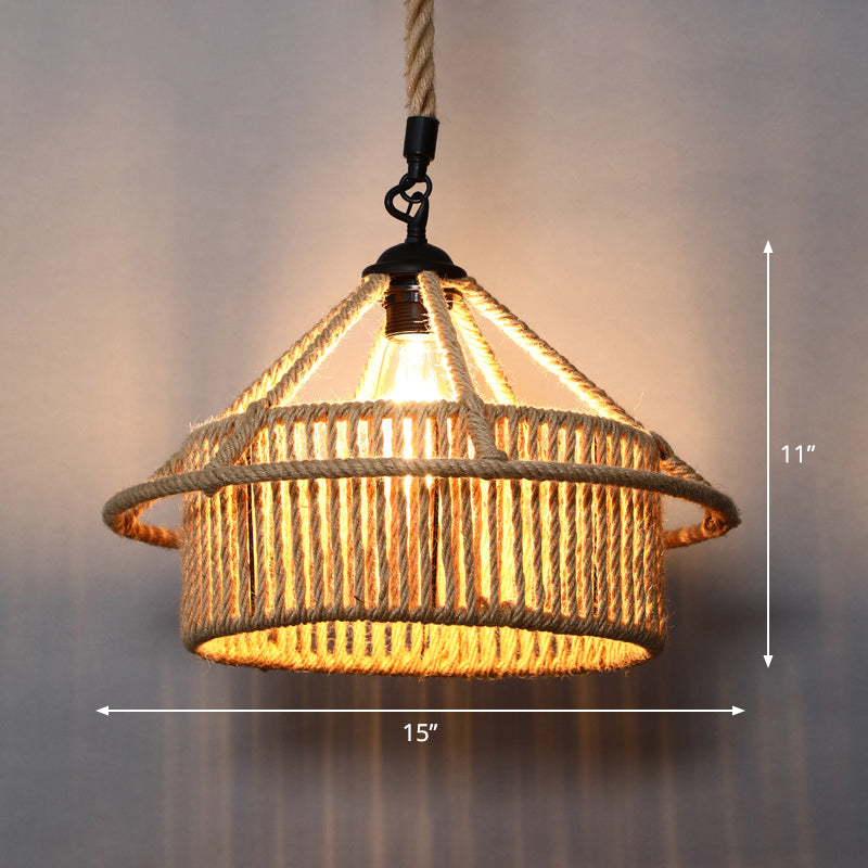 Single Cage Shade Pendulum Light Country Style Wood Rope Suspension Light for Restaurant