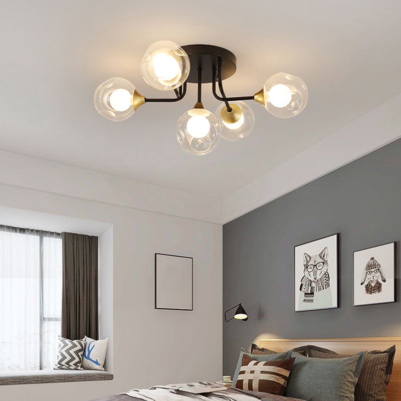 Plafoniera da incasso a doppia sfera in vetro, lampada da soffitto minimalista nera a semi-incasso per camera da letto