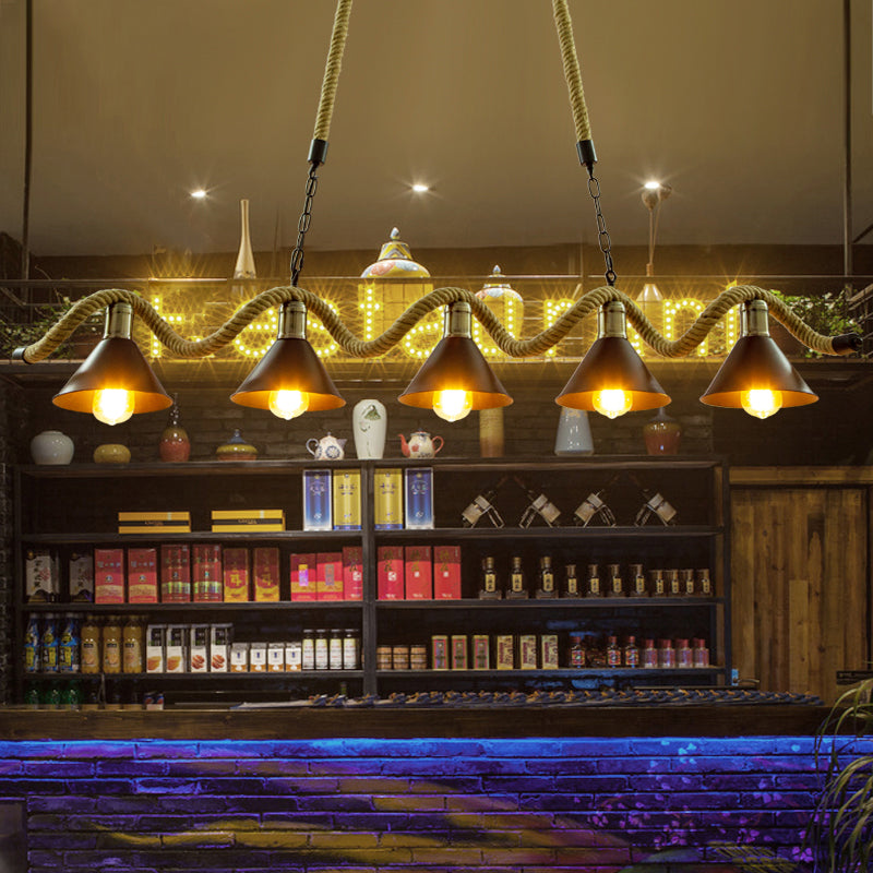 Black Conical Hanging Light Industrial Metal Bistro Island Lighting with Hemp Rope