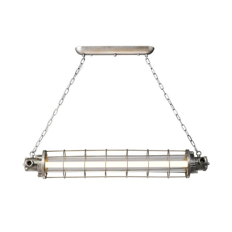 Iluminación colgante de metal de plata industrial de la jaula cilíndrica de alambre con alambre con sombra de vidrio transparente interno