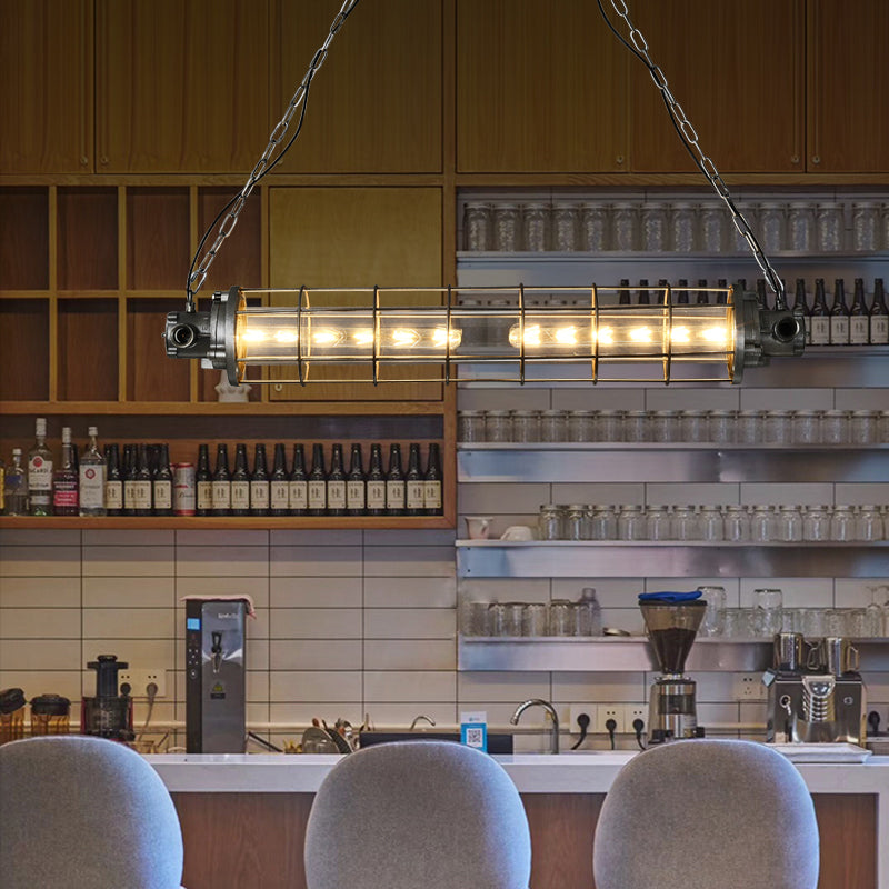 Iluminación colgante de metal de plata industrial de la jaula cilíndrica de alambre con alambre con sombra de vidrio transparente interno