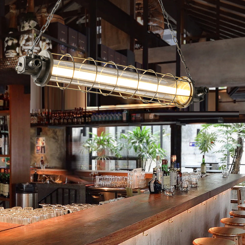 Iluminación colgante de metal de plata industrial de la jaula cilíndrica de alambre con alambre con sombra de vidrio transparente interno