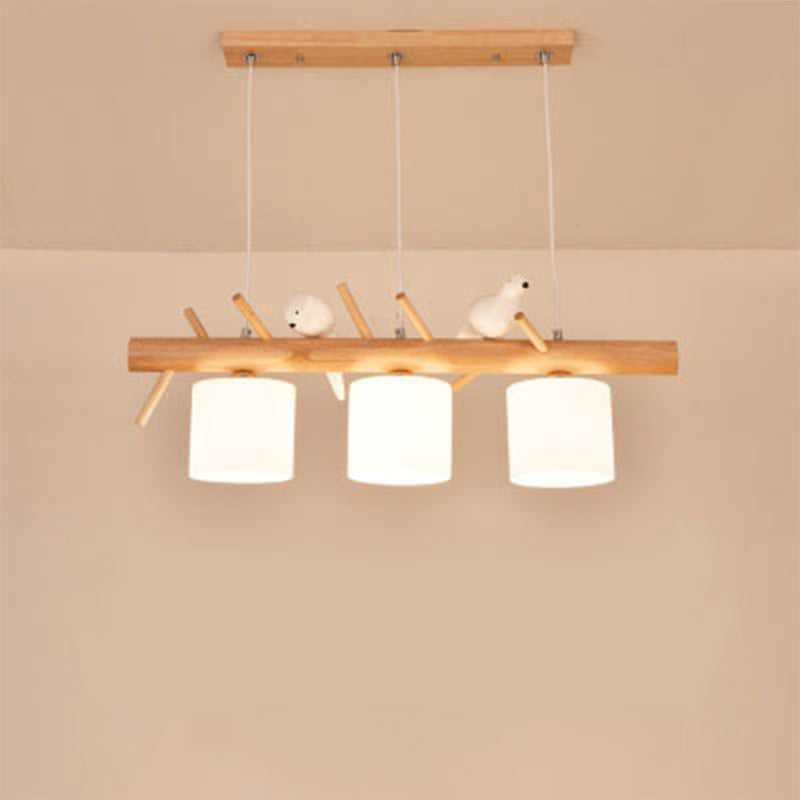 Opal Glass Cylinder Pendant Light Nordic Wood Island Light with Resin Bird Decor