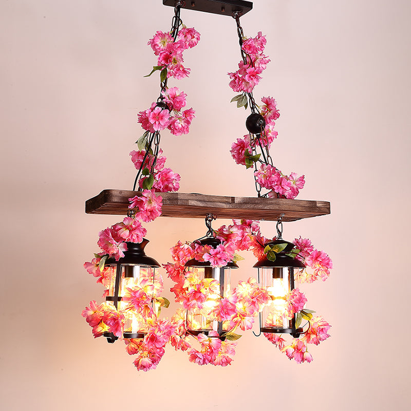 Clear Glass Cylindrical Ceiling Hanging Lantern Industrial 3 Heads Restaurant Island Light with Art Plant Deco