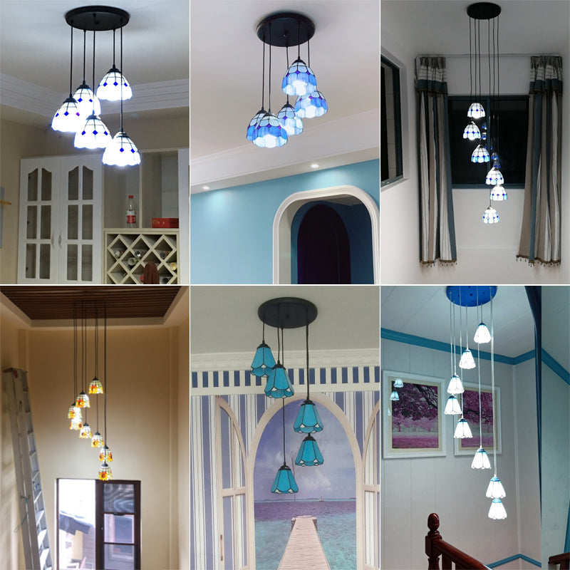 Floral Pendant Ceiling Light Handcrafted Art Glass Tiffany Style Suspension Lamp for Dining Room