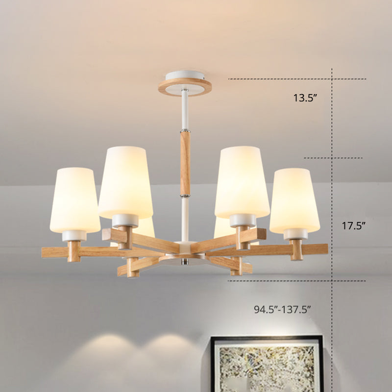 Milk Glass Tapered Chandelier Modern Wood Suspension Light Fixture for Living Room