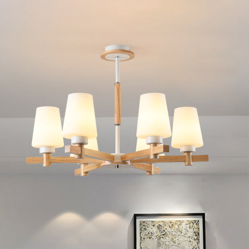 Milk Glass Tapered Chandelier Modern Wood Suspension Light Fixture for Living Room
