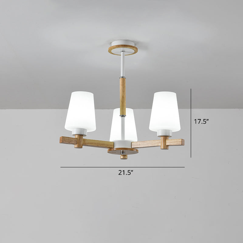 Milk Glass Tapered Chandelier Modern Wood Suspension Light Fixture for Living Room