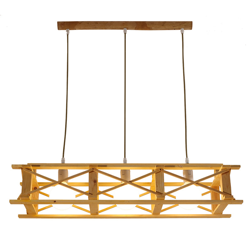 Rectangular Cage Island Lamp Contemporary Wooden Restaurant Hanging Light in Beige