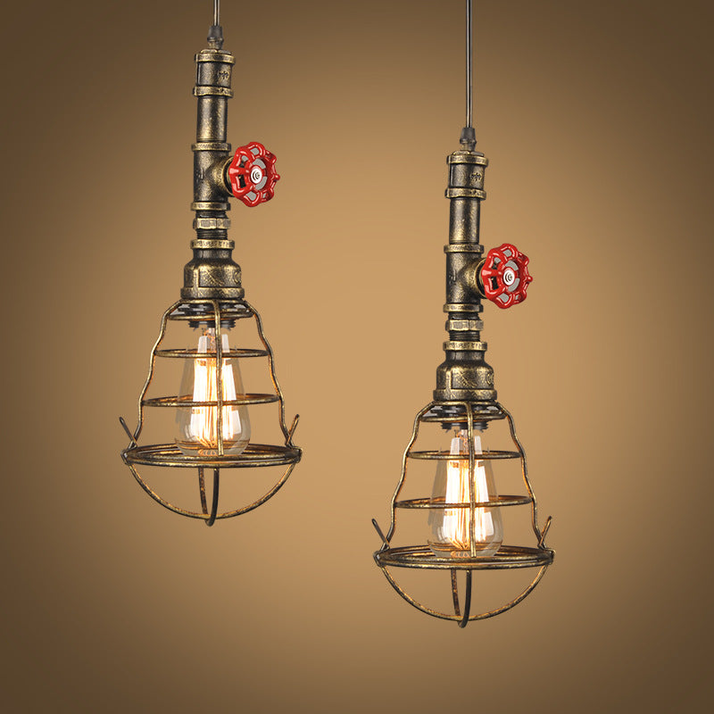 Single Bulb Shaped Cage Pendant Light Industrial Metal Suspension Light Fixture with Red Valve Deco