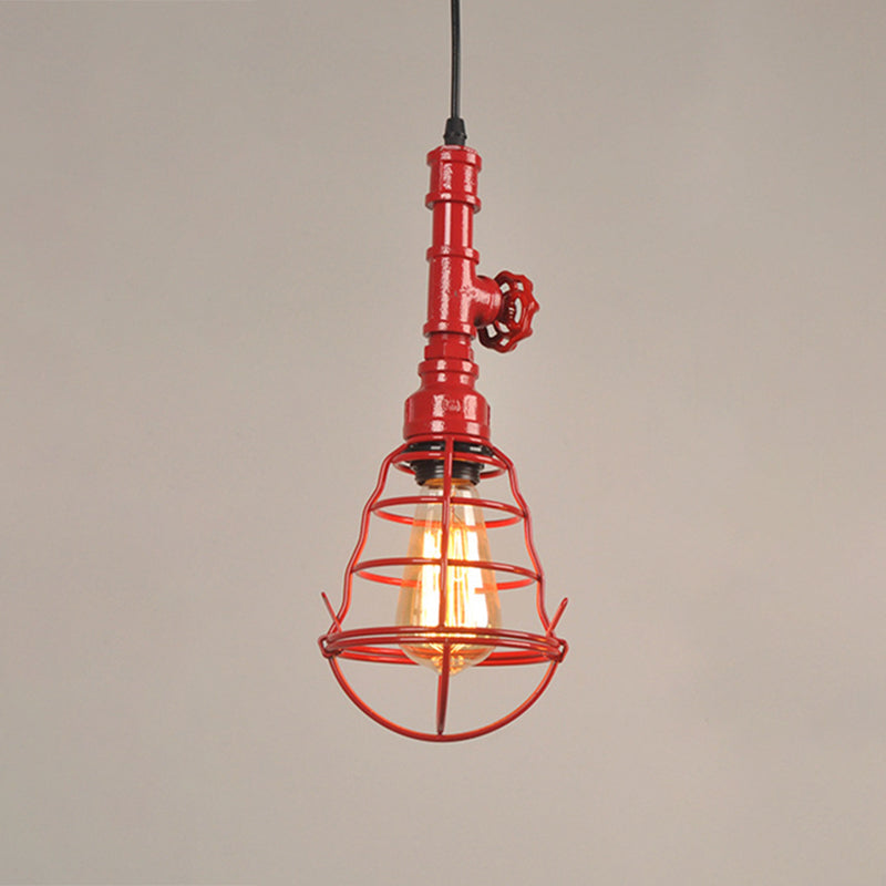 Single Bulb Shaped Cage Pendant Light Industrial Metal Suspension Light Fixture with Red Valve Deco