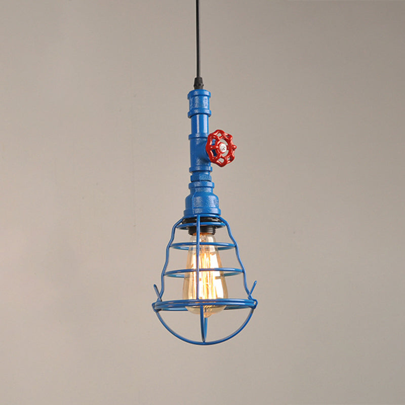 Single Bulb Shaped Cage Pendant Light Industrial Metal Suspension Light Fixture with Red Valve Deco