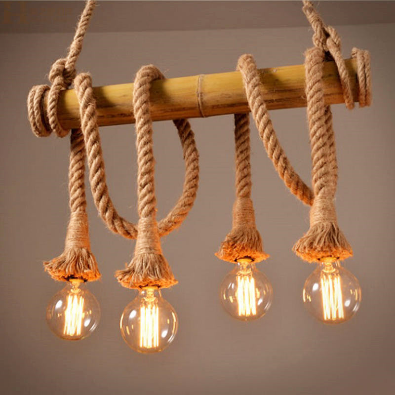 Suspension Lighting Rustic Bare Bulb Rope Pendant Light with Bamboo Pole in Wood