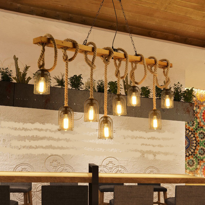 Mesh de campagne suspendue pendante éclairage îlot métallique avec cordon de corde en bois