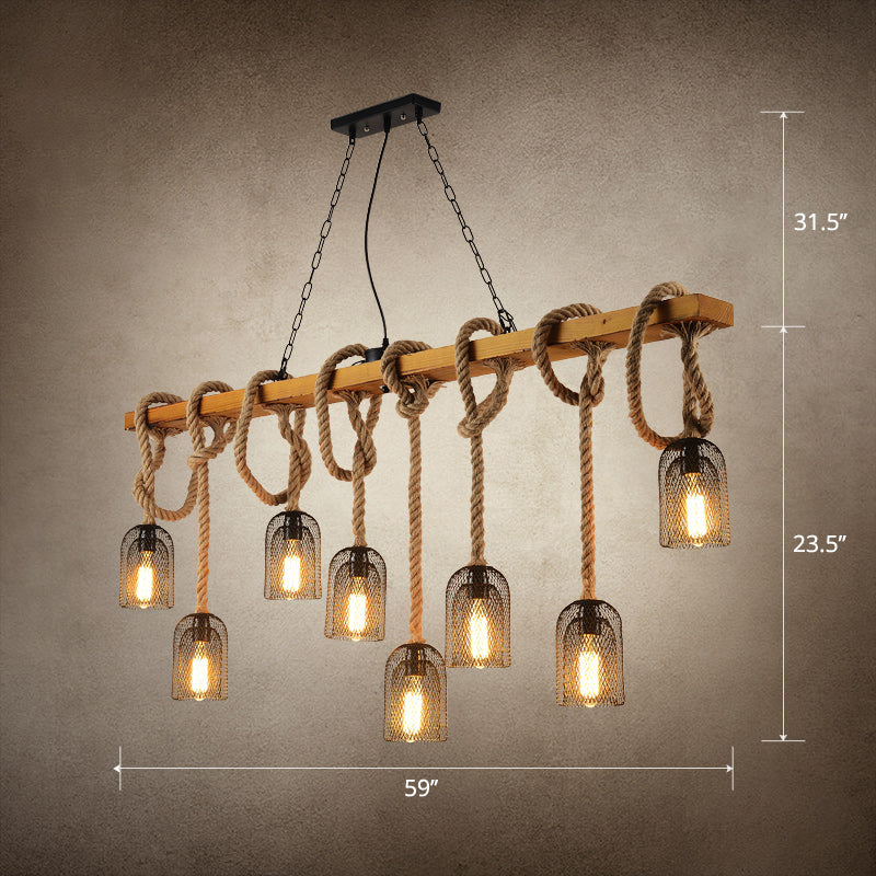 Mesh de campagne suspendue pendante éclairage îlot métallique avec cordon de corde en bois