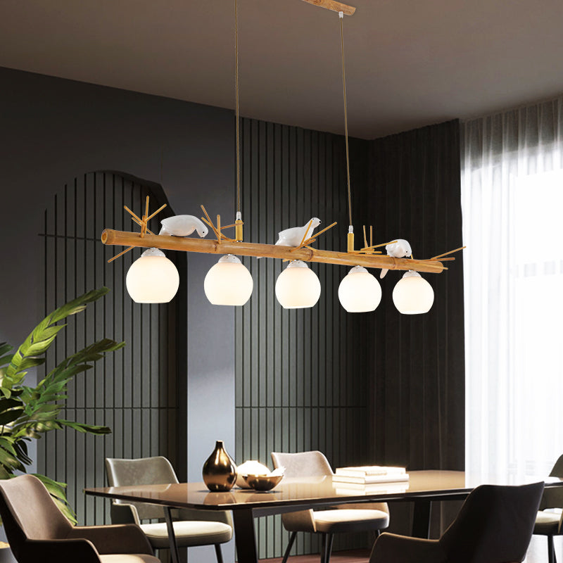 Dome Island Light Fixture Modern Cream Glass Wood Pendant Light with White Bird Deco