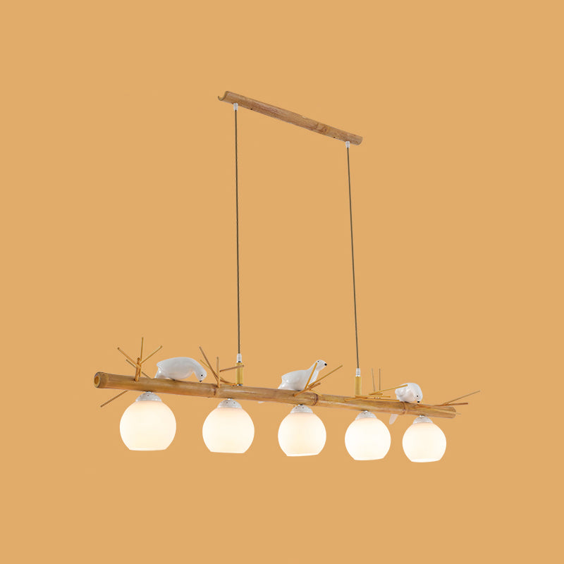 Dome Island Light Fixture Modern Cream Glass Wood Pendant Light with White Bird Deco