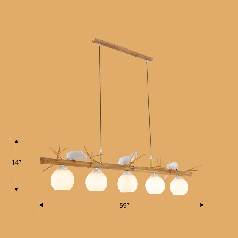 Dome Island Light Fixture Modern Cream Glass Wood Pendant Light with White Bird Deco