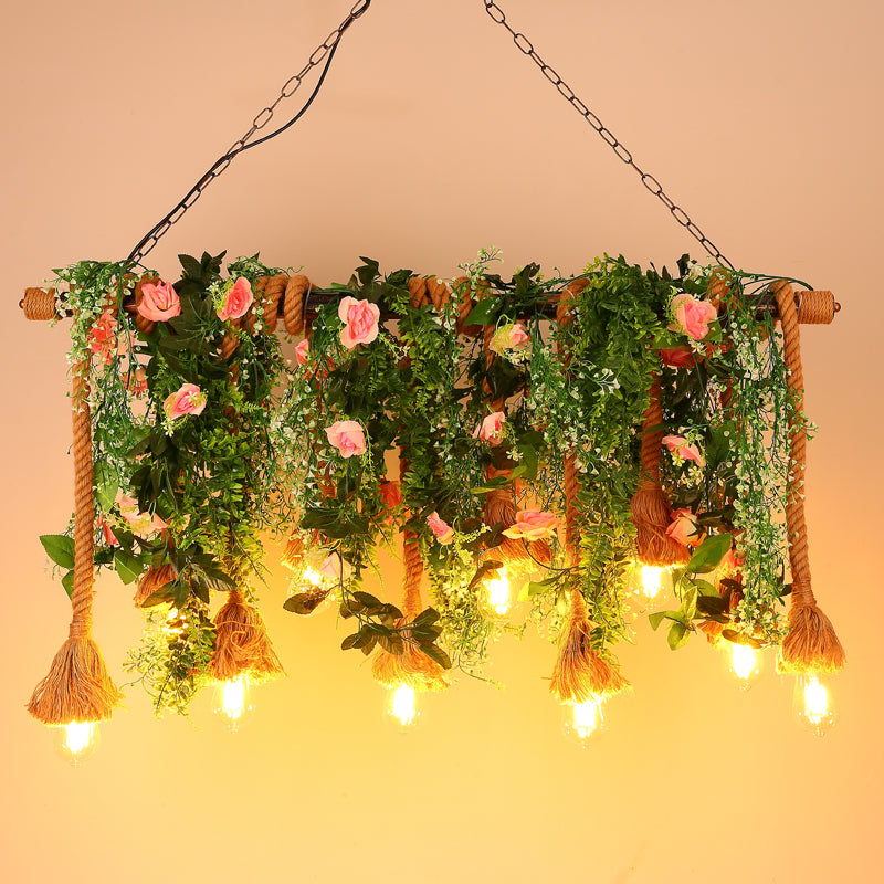 10-Head Exposed Bulb Hanging Lamp Lodge Brown Hemp Rope Island Light with Green Plant Decoration