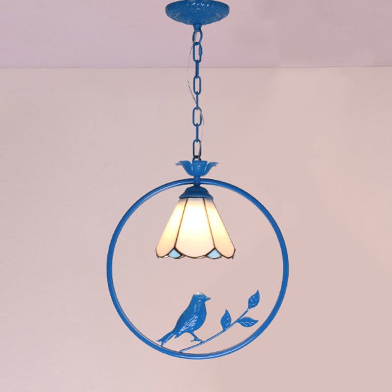 Blue Ring Pendulum Light Vintage 1 Head Tiffany Glass Pendant Ceiling Lamp for Bedroom