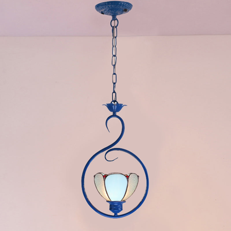 Blue Ring Pendulum Light Vintage 1 Head Tiffany Glass Pendant Ceiling Lamp for Bedroom