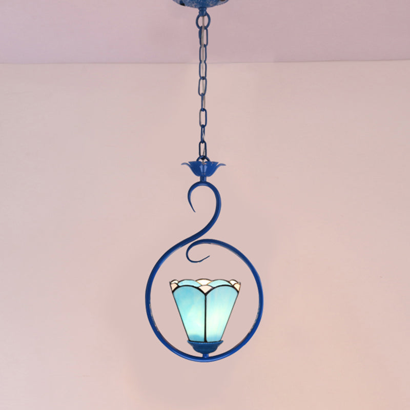 Blue Ring Pendulum Light Vintage 1 Head Tiffany Glass Pendant Ceiling Lamp for Bedroom