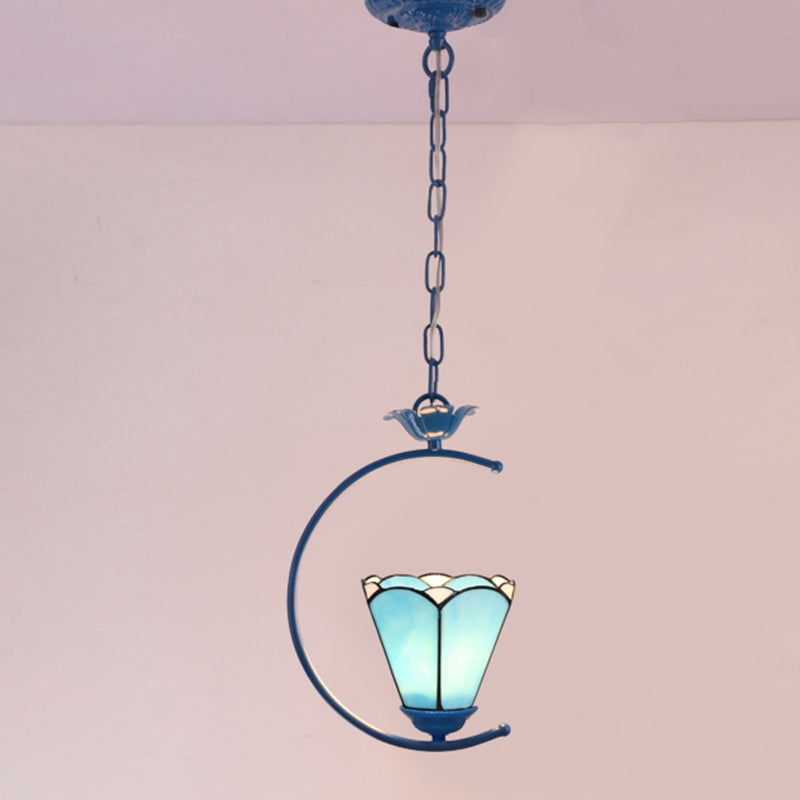 Blue Ring Pendulum Light Vintage 1 Head Tiffany Glass Pendant Ceiling Lamp for Bedroom