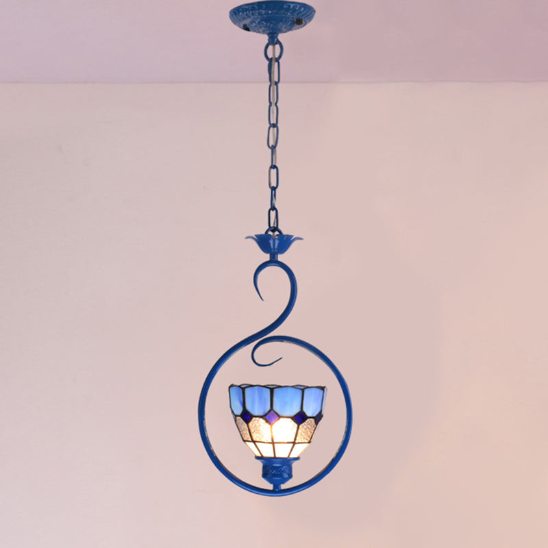 Blue Ring Pendulum Light Vintage 1 Head Tiffany Glass Pendant Ceiling Lamp for Bedroom