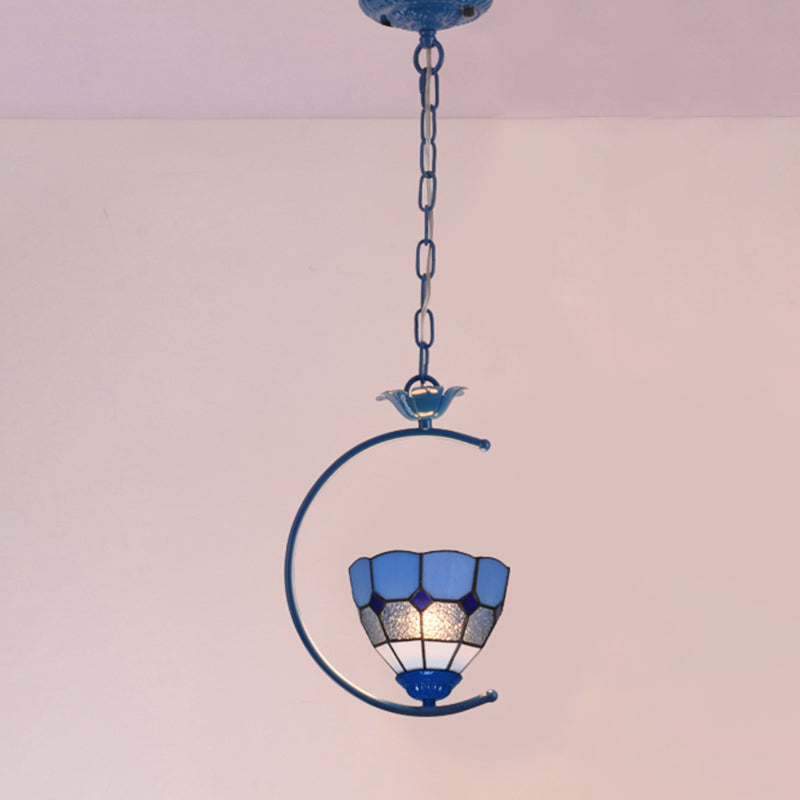 Blue Ring Pendulum Light Vintage 1 Head Tiffany Glass Pendant Ceiling Lamp for Bedroom