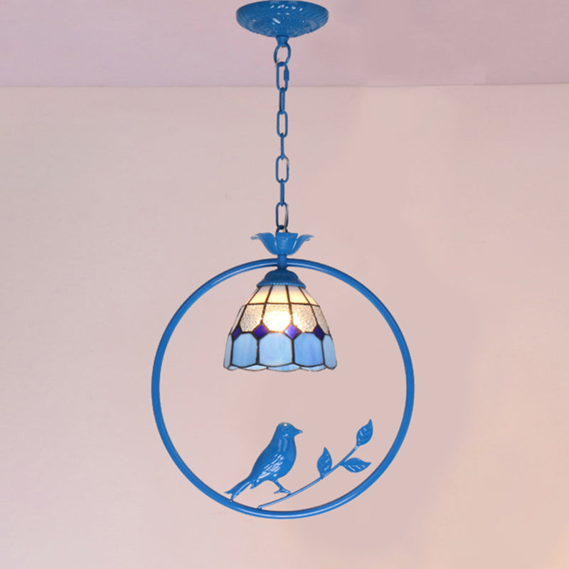 Blue Ring Pendulum Light Vintage 1 Head Tiffany Glass Pendant Ceiling Lamp for Bedroom