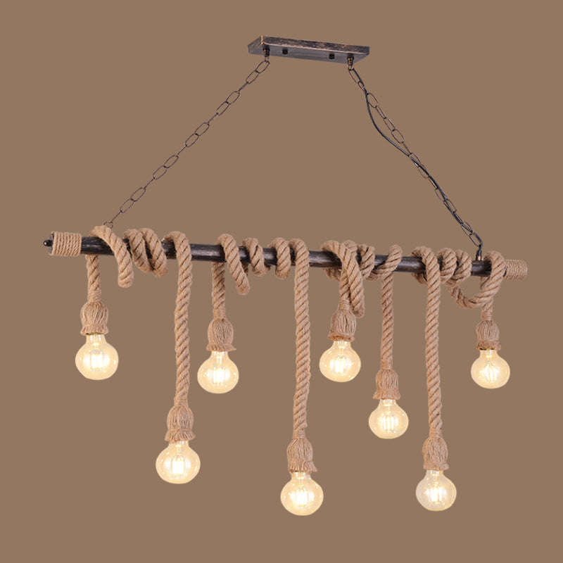 Exposed Bulb Pendant Lighting Farmhouse Wood Hemp Rope Island Light for Restaurant