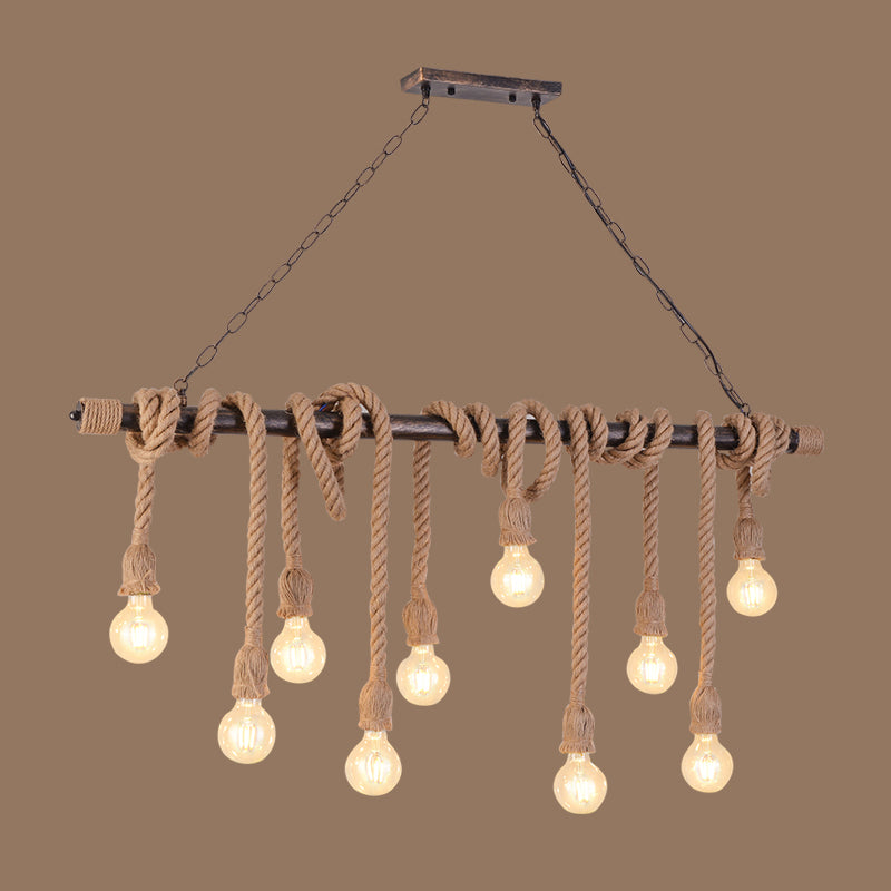 Exposed Bulb Pendant Lighting Farmhouse Wood Hemp Rope Island Light for Restaurant