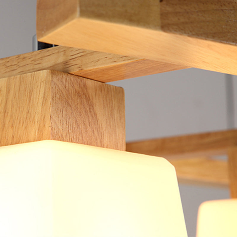 Trapezoid Dining Room Island Lamp Ivory Glass 3-Bulb Minimalist Suspension Pendant Light in Wood