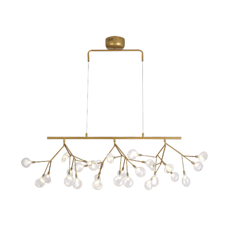 Minimalist 27-Bulb Island Light Brass Finish Branch Hanging Lamp with Glass Shade