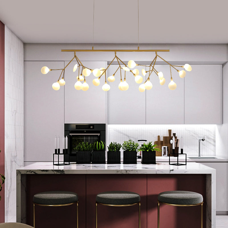 Minimalist 27-Bulb Island Light Brass Finish Branch Hanging Lamp with Glass Shade