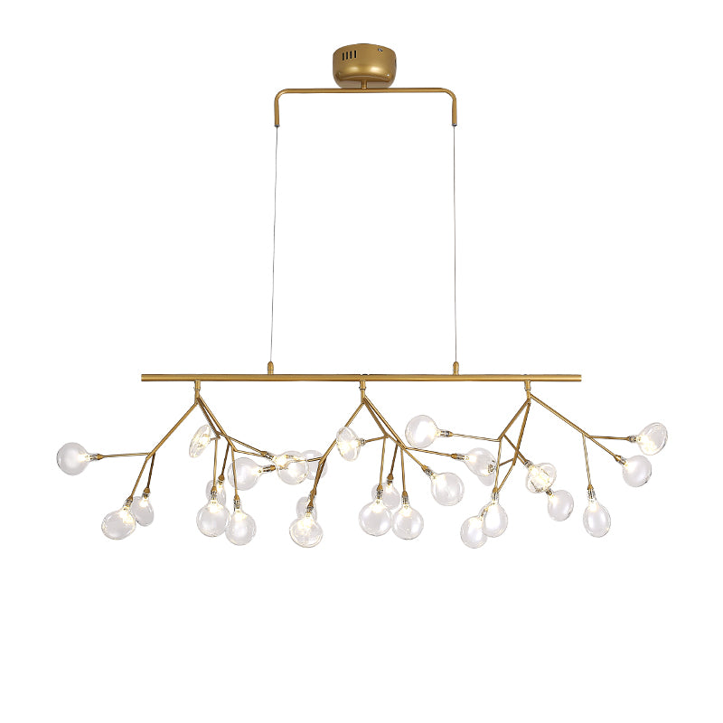 Minimalist 27-Bulb Island Light Brass Finish Branch Hanging Lamp with Glass Shade