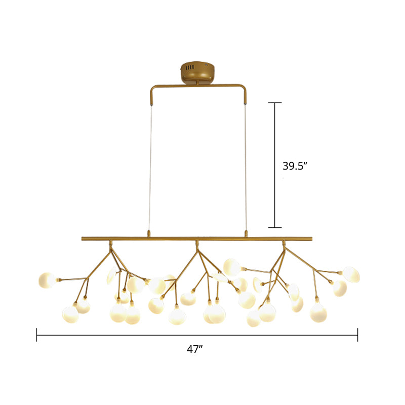 Minimalist 27-Bulb Island Light Brass Finish Branch Hanging Lamp with Glass Shade