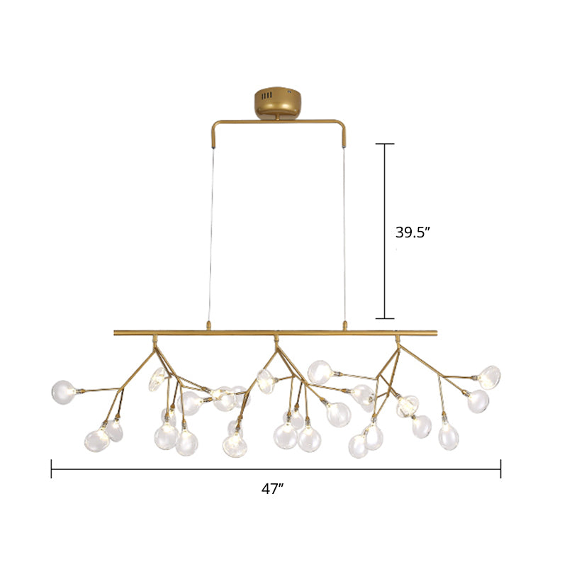 Minimalist 27-Bulb Island Light Brass Finish Branch Hanging Lamp with Glass Shade