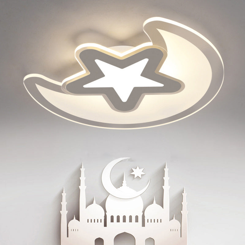 Crescent and Star Childrens Room Ceiling Light Acrylic LED Cartoon Flush Mount Fixture in White