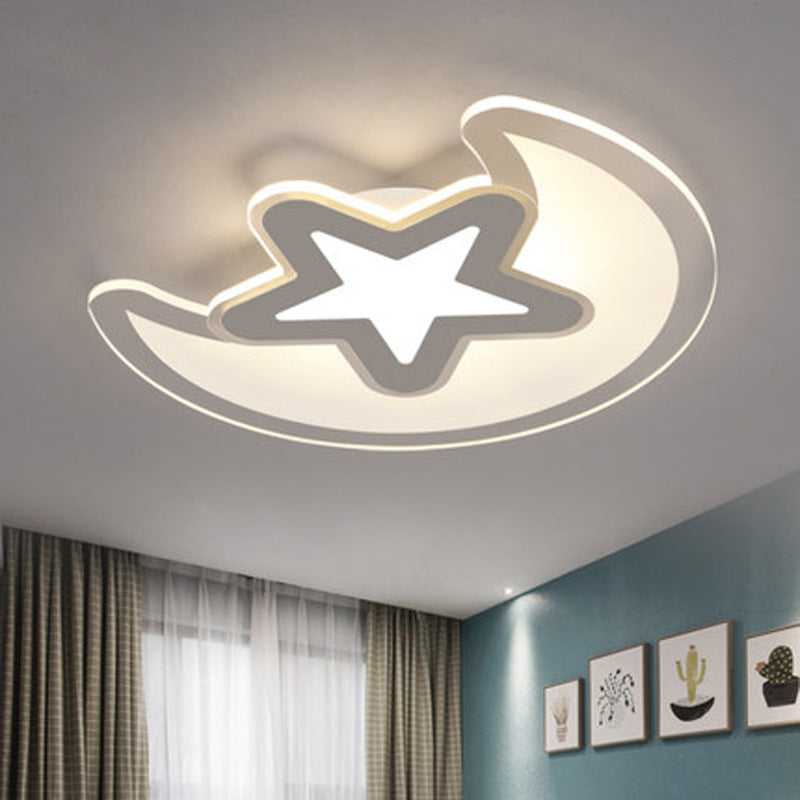Crescent et Star Childrens Room Ceiling Light Acrylique LED Cartoon Flush Mount Fixture in White