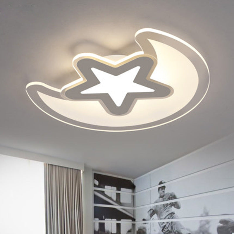 Crescent and Star Childrens Room Ceiling Light Acrylic LED Cartoon Flush Mount Fixture in White