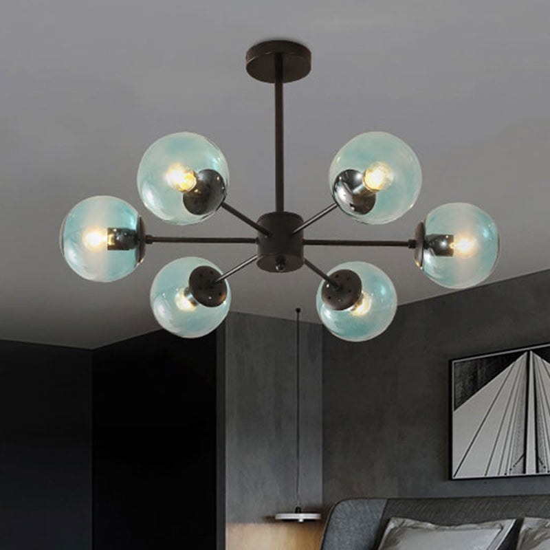 Amber/Blue/Clear Glass Spherical Chandelier Light Post Modern 6/8/10 Lights Black Pendant Lamp for Bedroom