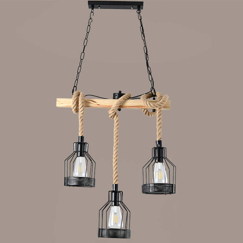 Wood Hanging Island Light Farmhouse Metal Bottle Shaped Cage Pendant Lamp for Restaurant